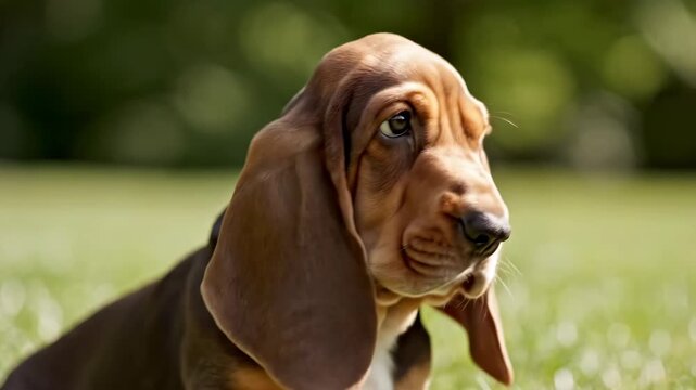Close-up of an adorable Basset Hound puppy with long floppy ears in a grassy outdoor setting.