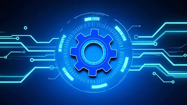 Glowing blue gear with circuit lines