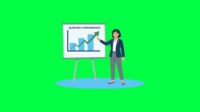Animated Female Presenter Pointing At A Quarterly Performance Growth Whiteboard Chart With Upward Arrow On Green Screen Background Representing Business Training And Career Mentorship