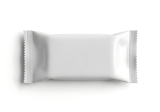 Isolated blank snack wrapper mockup, empty flow pack for food product branding, realistic plastic pouch packaging