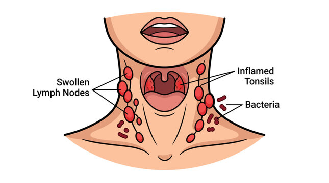 Medical illustration of swollen lymph nodes and inflamed tonsils in human neck