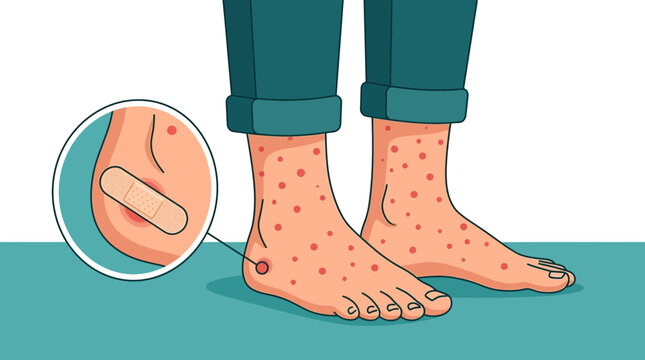 Skin rash on feet with bandage detail medical illustration