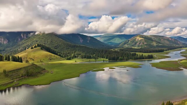 Panoramic view of natural scenery of mountains, rivers, grasslands and forests Aerial photography of mountains, rivers, grasslands and forests