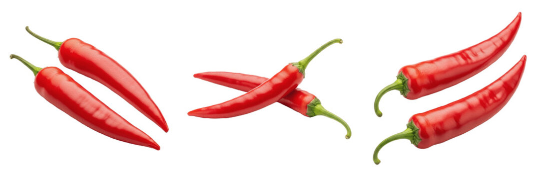 Set and collection of two fresh raw red chili peppers isolated on white transparent png background