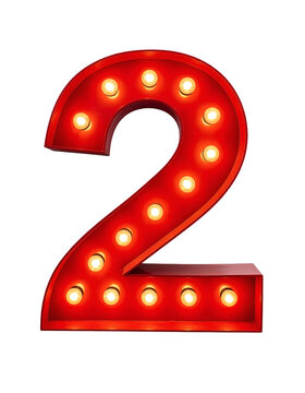 Brightly illuminated giant marquee number two sign featuring multiple glowing incandescent bulbs in a bold carnival style on transparent background