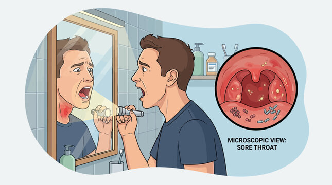 Man checking sore throat in bathroom mirror with microscopic view