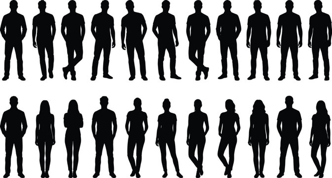 Set of male and female human silhouettes in various standing poses isolated for design and visual reference