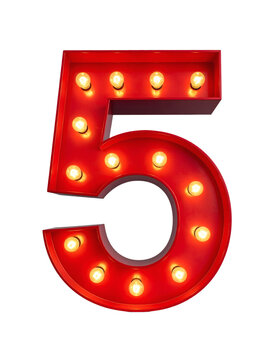 A vibrant red retro-style marquee number five sign, brightly illuminated with warm vintage light bulbs, creating a captivating visual for various design projects&nbsp;
