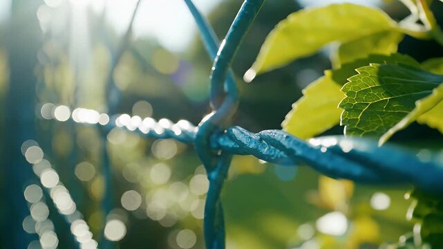 Close-up view of a blue coated wire fence winding through vibrant green leaves under sunlight