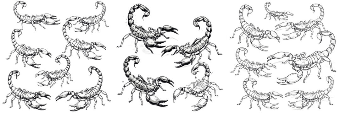 Set and collection of black outline sketches of scorpions isolated on white transparent png background