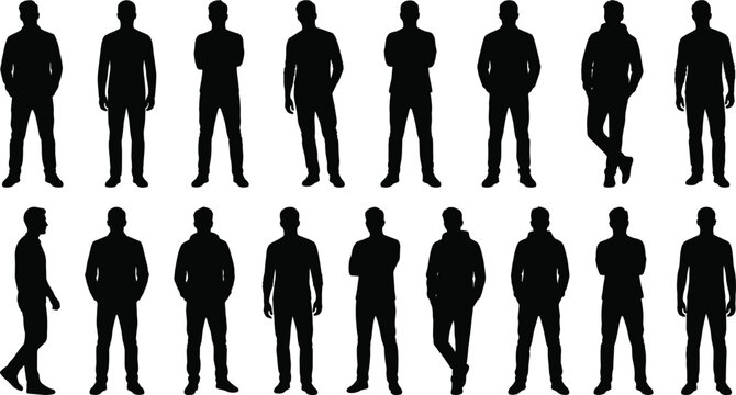 Set of male silhouettes in casual standing poses isolated collection for design and character reference