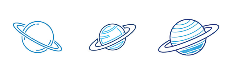 Set and collection of cute hand drawn blue planet saturn icon isolated on white transparent png background © incredibleshots