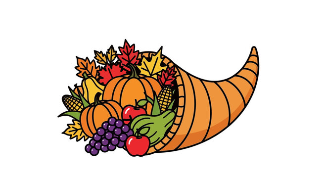 A colorful cornucopia overflows with fruits, vegetables, and fall leaves on a white background.