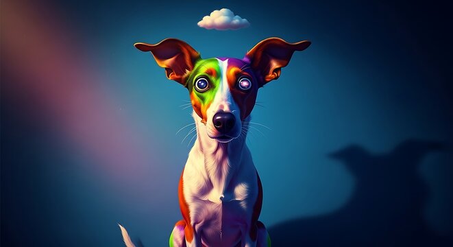 Vibrant surreal dog with rainbow patterns and a cloud overhead