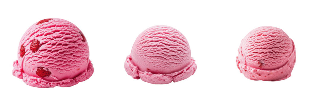 Set and collection of single scoop of pink strawberry ice cream isolated on white transparent png background