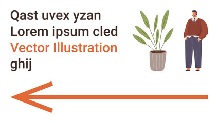 Marketing materials, communication design, content layout, workspace visuals, graphic design, direction concept. A person stands near a green potted plant with a red arrow and text. Marketing © robu_s