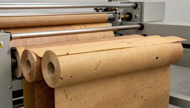 Tinted recycled kraft paper rolls in medium frame seamlessly feeding into bag converting machines highlighting sustainable packaging innovation and material texture.