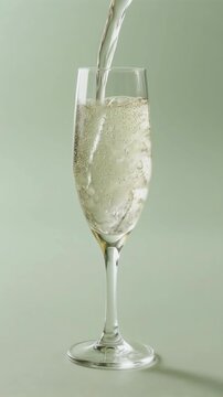 Sparkling elderflower drink in a tall slender flute glass on a minimalist background