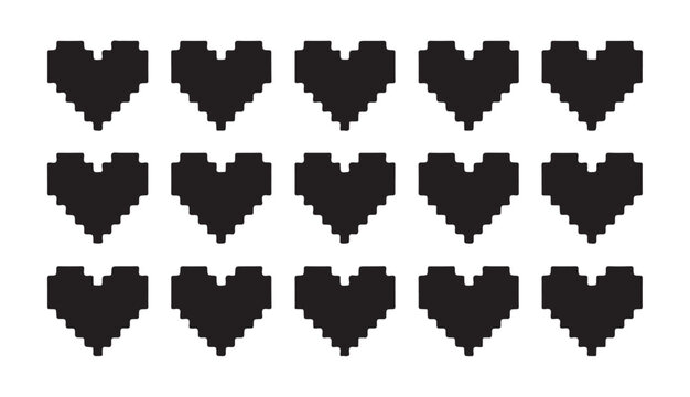 Pixel heart shape collection isolated on white background for retro gaming ui design set.