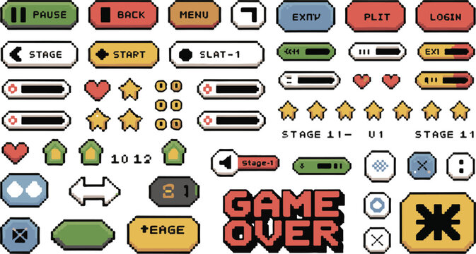 Retro pixel art game user interface set with colorful buttons and health bars for arcade ui.