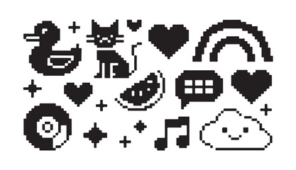 Obraz premium Pixelated black and white icons: duck, cat, heart, rainbow, cloud, and music note.
