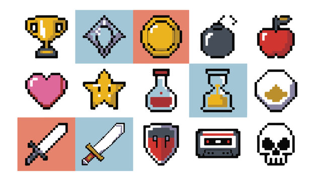 Collection of pixel art inventory items including swords shields and gems in retro style set.