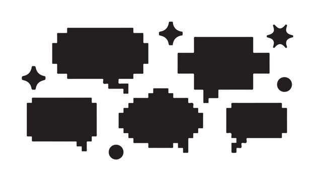 Pixel speech bubbles and geometric shapes set for retro interface design and chat messaging.