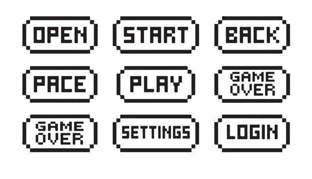 Set of pixel art game buttons in black and white with text open, start, back, pace, play.