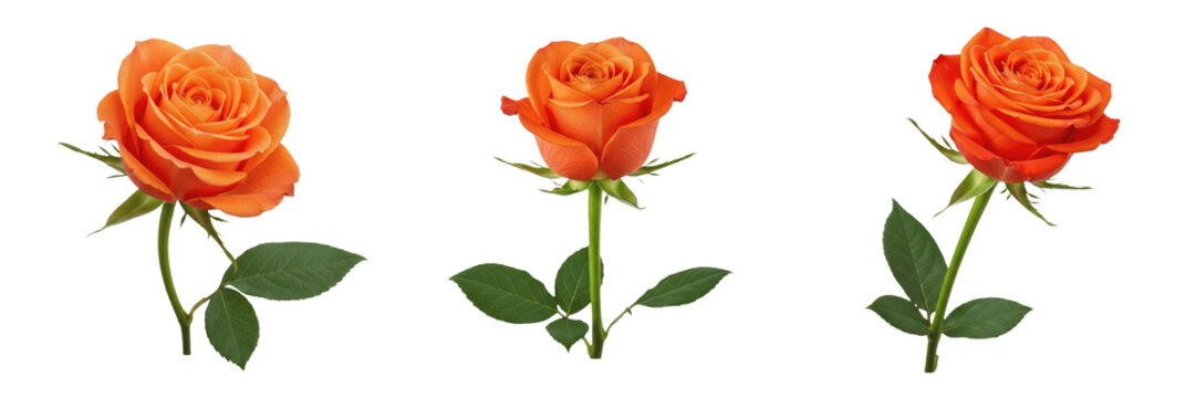 Set and collection of beautiful blooming orange rose flower isolated on white transparent png background