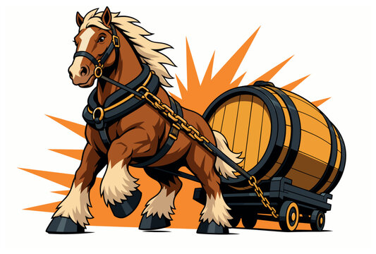 Brown Horse Pulling Wooden Barrel.