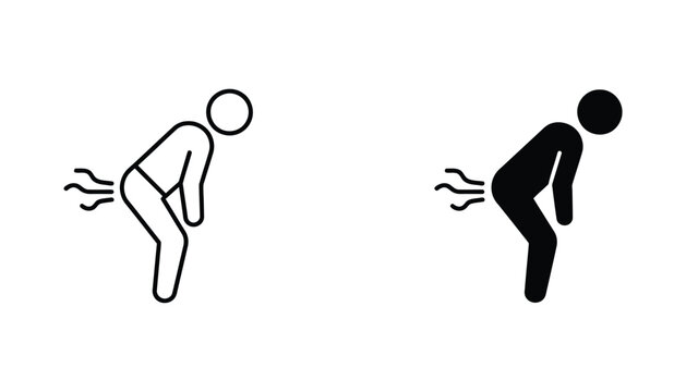 Flatulence human health symptom icon showing man bending over in pain with digestive gas release in linear and solid black minimalist vector graphic style for medical education
