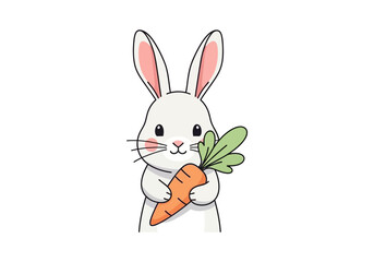 Obraz premium Cute white rabbit holding a fresh orange carrot illustration.