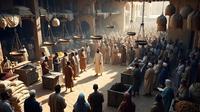 A solemn public biblical event centered on a sacred figure standing before merchants, porters, scribes, women, and village elders whose commerce pauses at a spice weighing court + spice-trade court wi