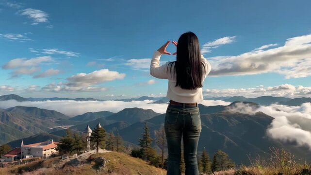 A girl's journey to the top of the mountain to enjoy the scenery and compare hearts