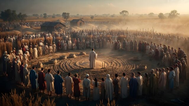 A grand public biblical scene centered on a revered figure standing before villagers, harvest workers, elders, and children assembled around a communal threshing floor in a moment of shared witness + 