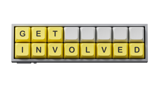 Computer keyboard keys with text GET INVOLVED and Computer keyboard keys with letters. Computer keyboard keys. Copy space.Supports PNG files with transparent backgrounds.