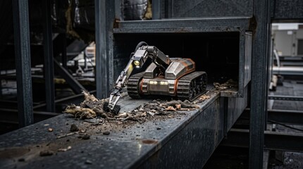 Fototapeta premium Focused medium shot of a small automated crawler inspecting debris in a rooftopfed duct system highlighting the robots tools amidst indistinct duct framing.