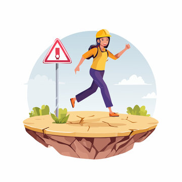 Woman in Hard Hat Running Past Warning Sign on Cracked Earth