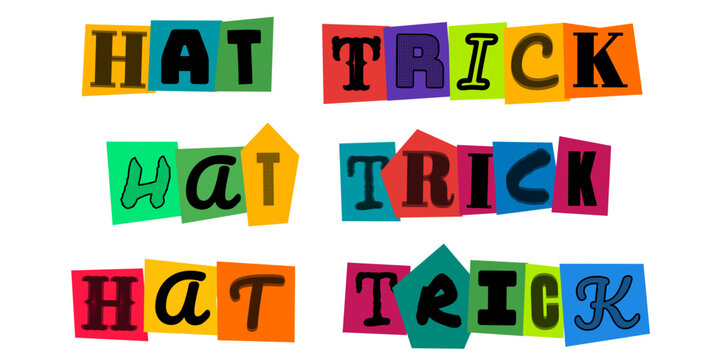 HAT TRICK ransom note style typography set, colorful cut out letters for sports design, creative collage alphabet elements for posters, flyers, and dynamic graphic projects