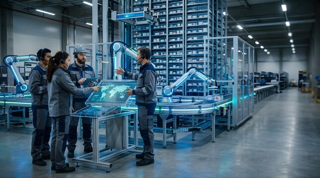 Team of workers monitoring automated manufacturing line with digital tablet