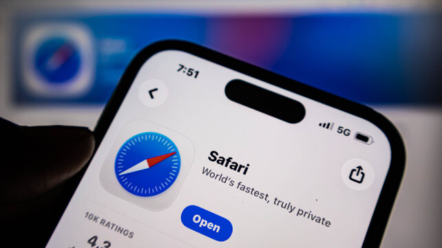 Closeup of a smartphone screen displaying the safari web browser app page in the apple app store