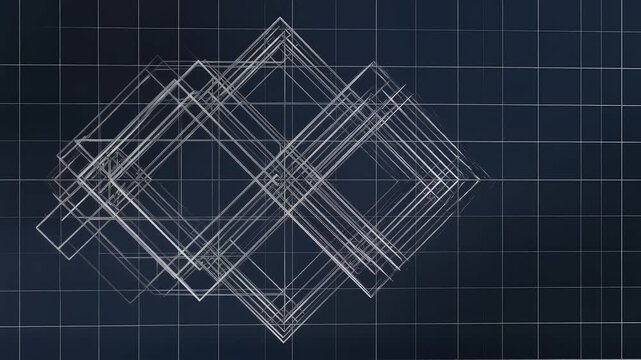 Futuristic digital grid concept featuring intricate overlapping wireframe squares, illustrating abstract data flow and dynamic design movement