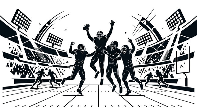 Group of American football players celebrating a touchdown on the field.