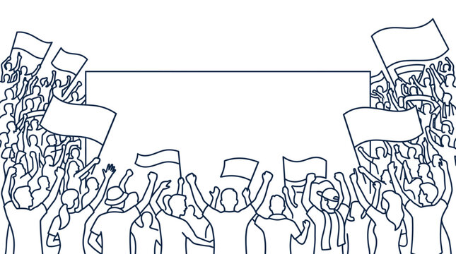 Group of cheering people holding blank protest signs and flags.
