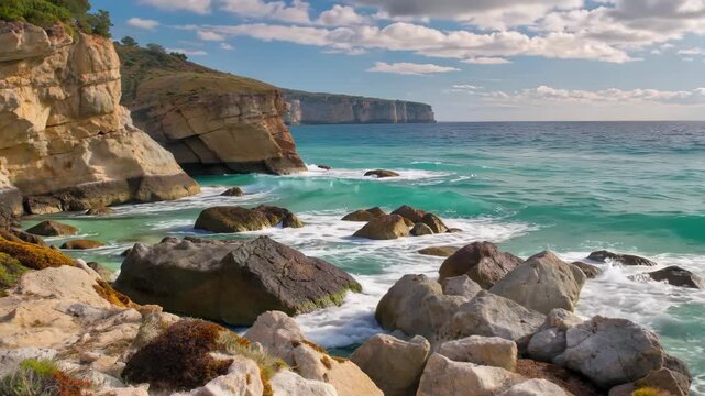 Seaside reefs and ocean views, waves crashing against rocky coast scenery