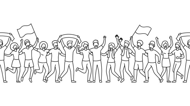Group of Cheering Sports Fans Holding Flags and Scarves Line Art.