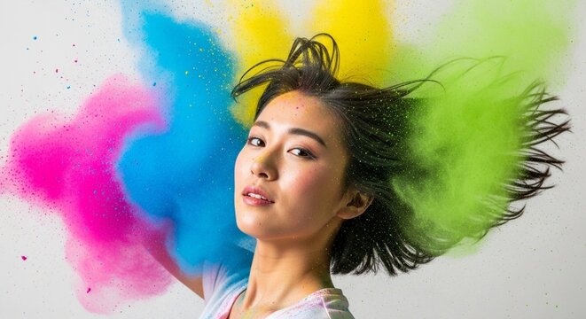 カラーパウダーに包まれたアジア人女性（鮮やか・エネルギー・広告）