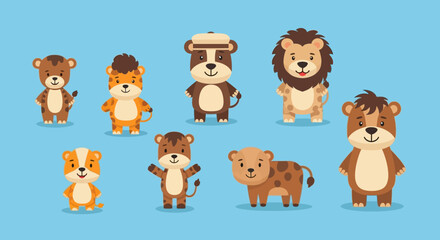 Cute cartoon jungle animals collection on blue background © selendang