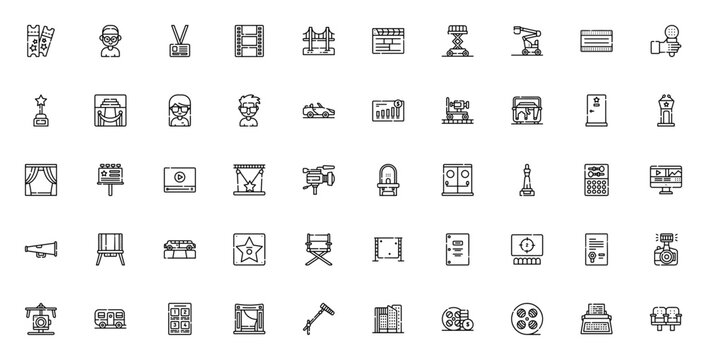 Film Industry icon set. Minimal line icons pack. Vector illustration. Cinema icon set. Featuring film director, clapperboard, camera, award, red carpet, actress, actor, movie poster, script, microphon