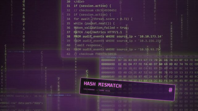 Cyber Security Hacking Screen with Hash Mismatch 403 Error